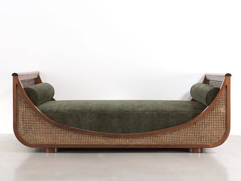 Luxury Handcrafted Teak Wood Cane Sofa with Olive Green Upholstery