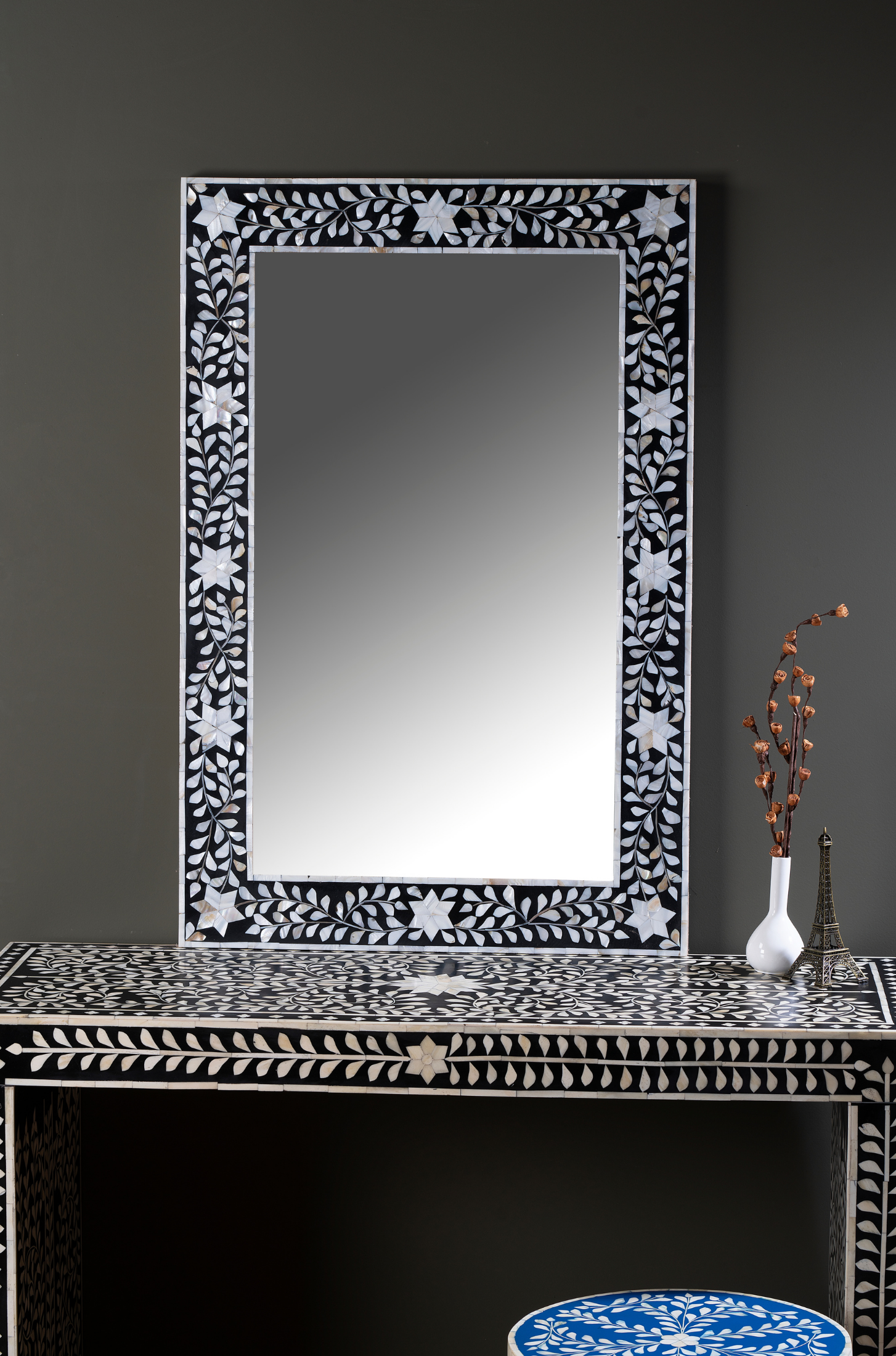Noir Blossom Inlay Wall Mirror