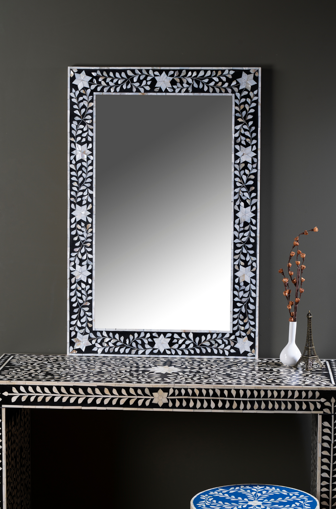 Noir Blossom Inlay Wall Mirror