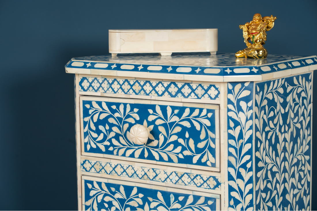 Azure Blossom Inlay Chest of Drawers