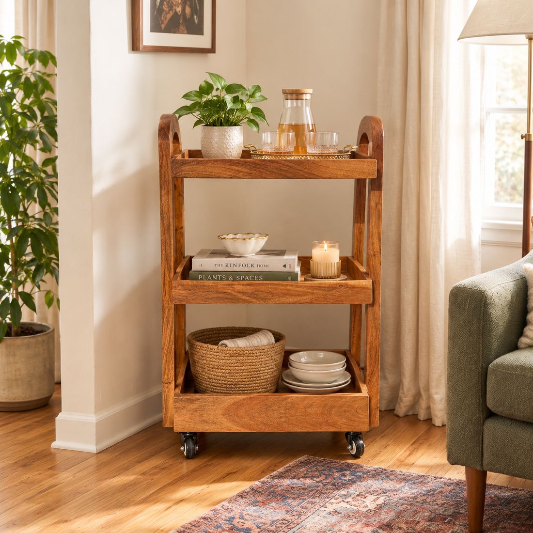 Honeywood Artisan Solid Wood Trolley with Sculpted Handles