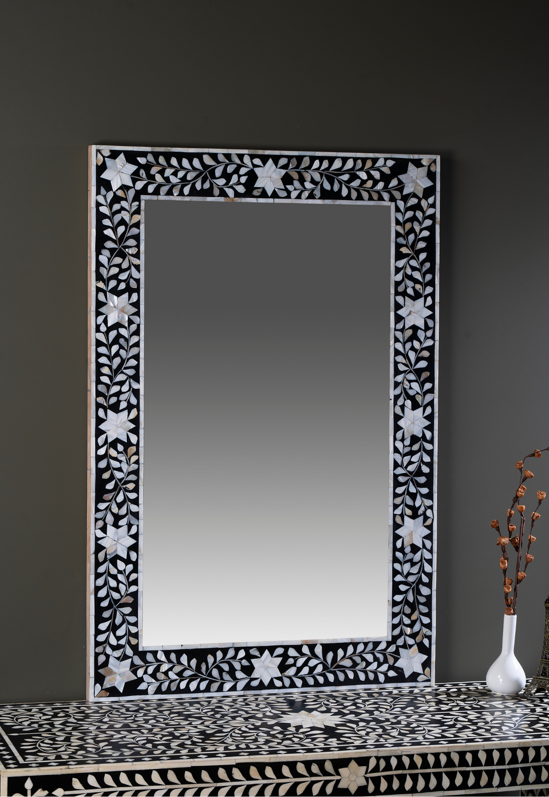 Noir Blossom Inlay Wall Mirror