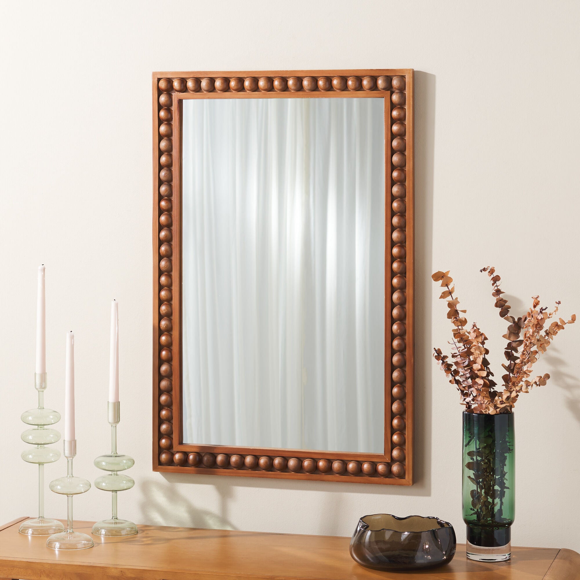 Carved Wood Bead Wall Mirror