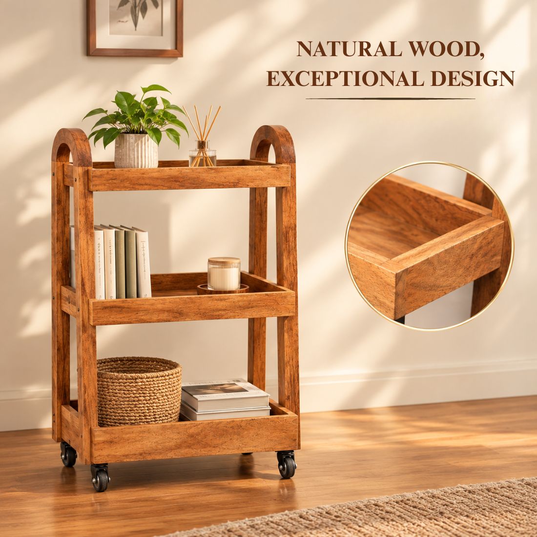 Honeywood Artisan Solid Wood Trolley with Sculpted Handles