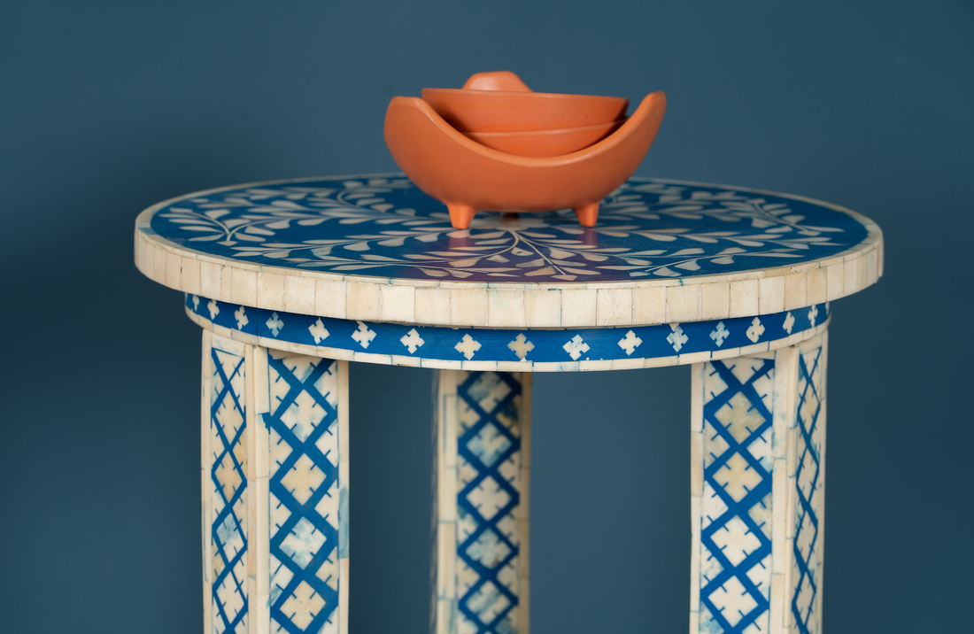 Azure Crest Inlay Round Accent Table
