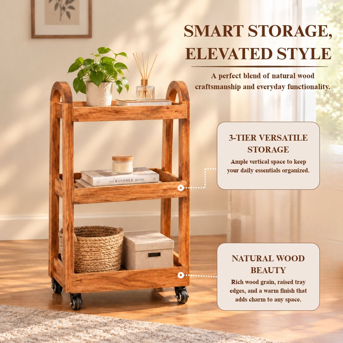 Honeywood Artisan Solid Wood Trolley with Sculpted Handles