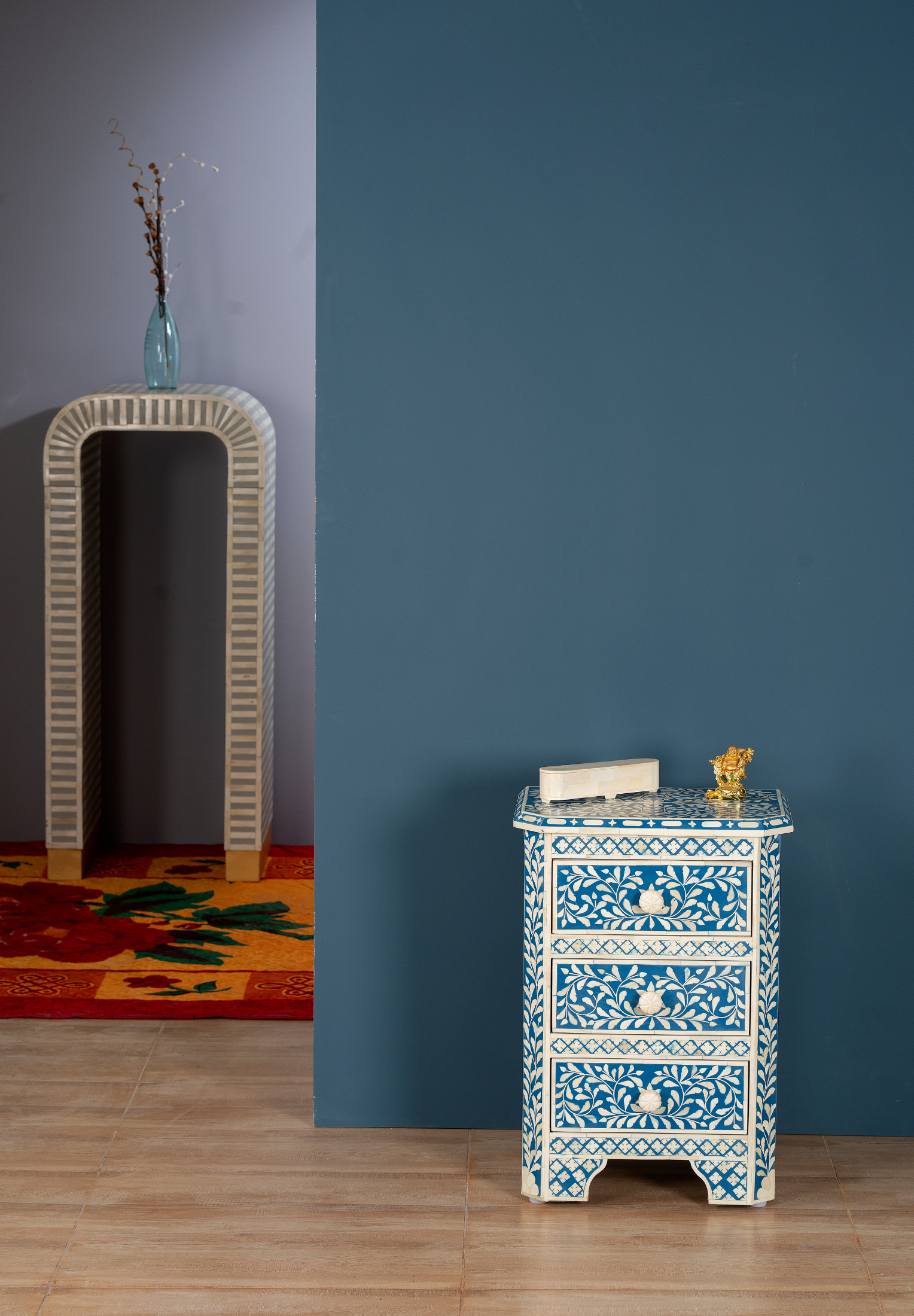 Azure Blossom Inlay Chest of Drawers