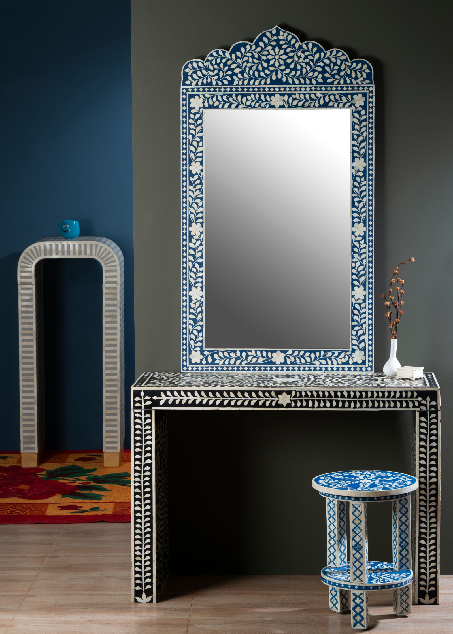 Indigo Vine Crest Inlay Wall Mirror