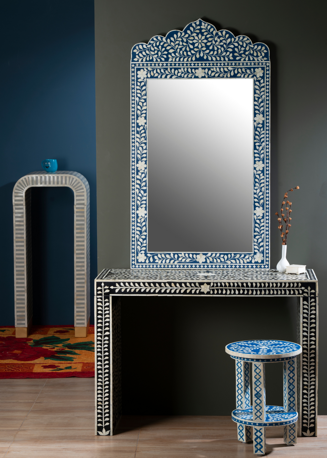 Indigo Vine Crest Inlay Wall Mirror