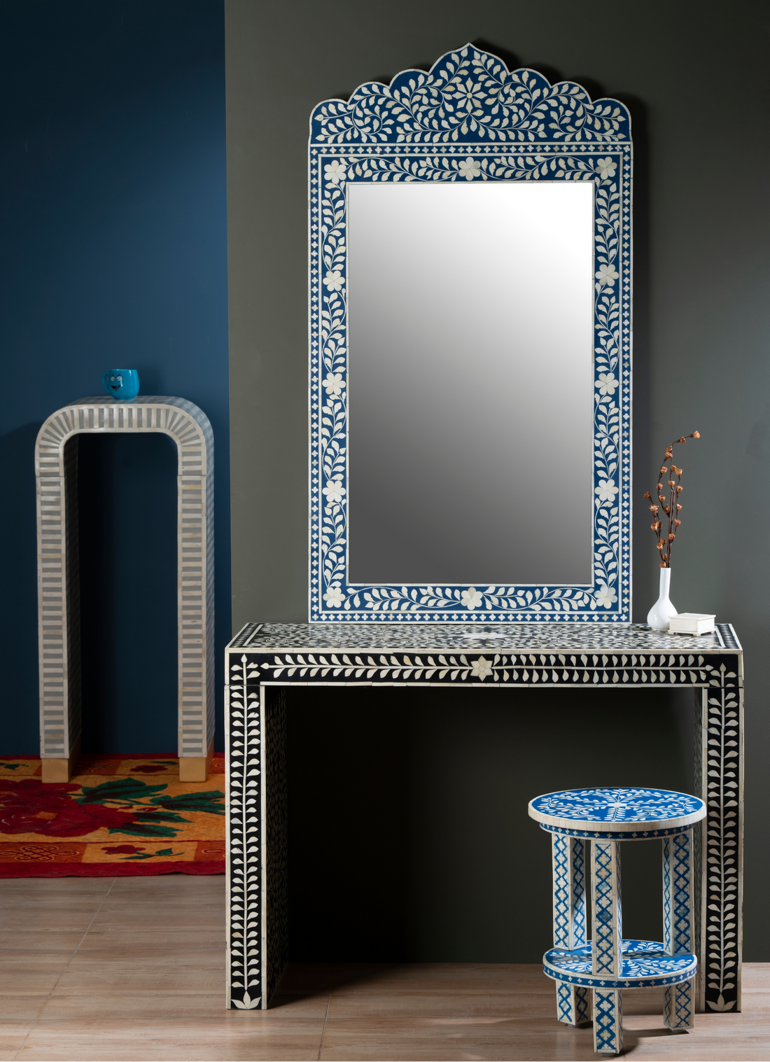 Azure Blossom Crown Inlay Wall Mirror