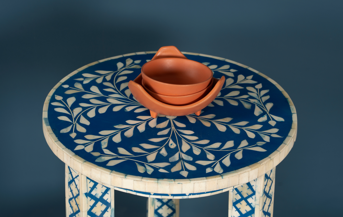 Azure Crest Inlay Round Accent Table