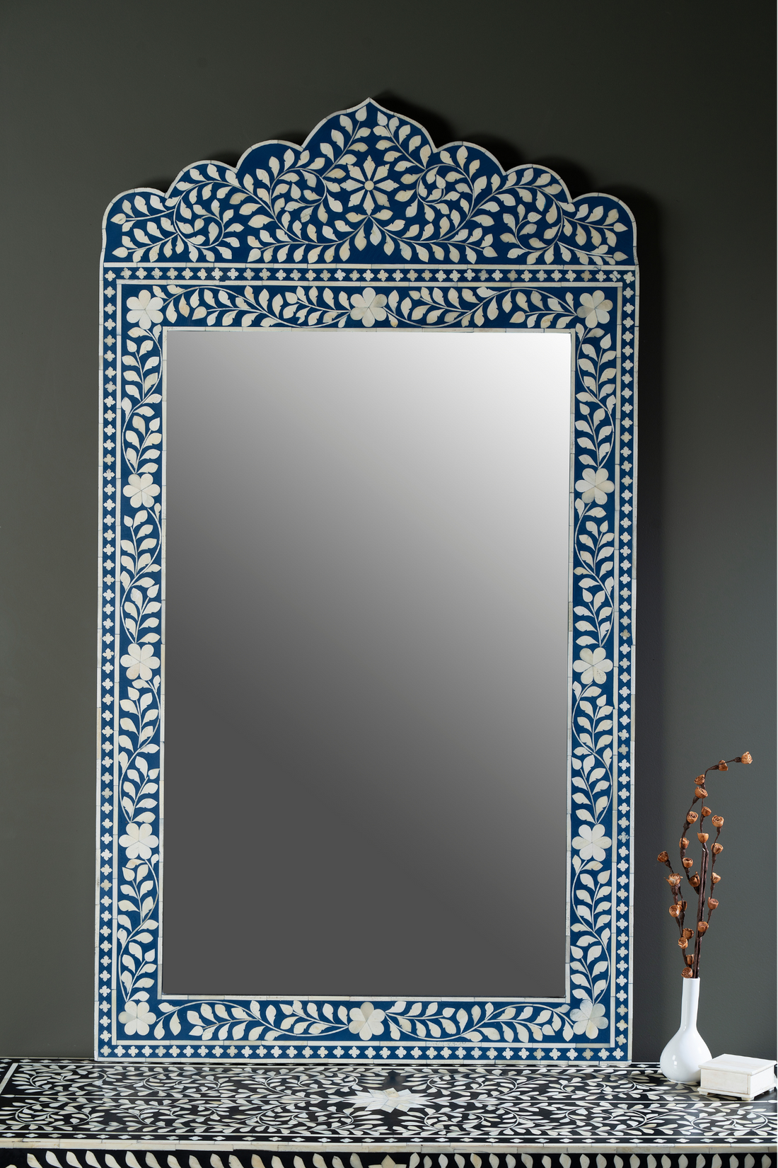 Indigo Vine Crest Inlay Wall Mirror