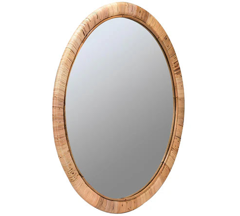 Bohemian Natural Brown Mahogany Wood and Natural Rattan Round Mirror