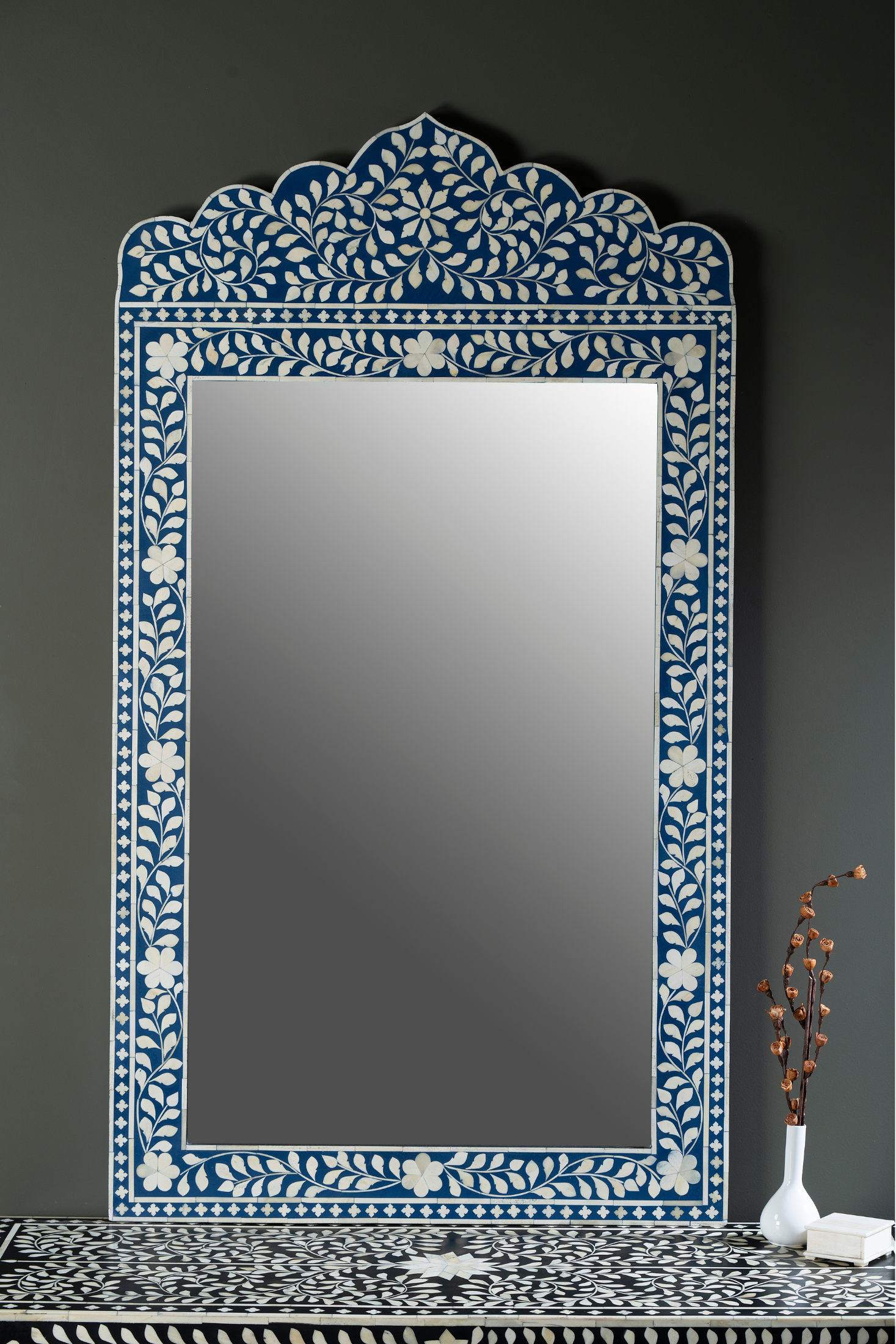 Indigo Vine Crest Inlay Wall Mirror