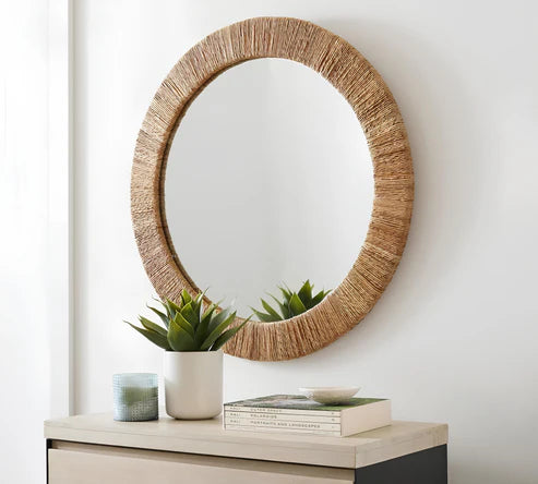 Bohemian Natural Brown Mahogany Wood and Natural Rattan Round Mirror