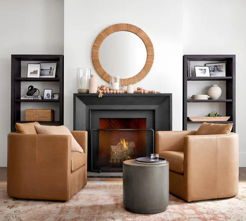 Bohemian Natural Brown Mahogany Wood and Natural Rattan Round Mirror