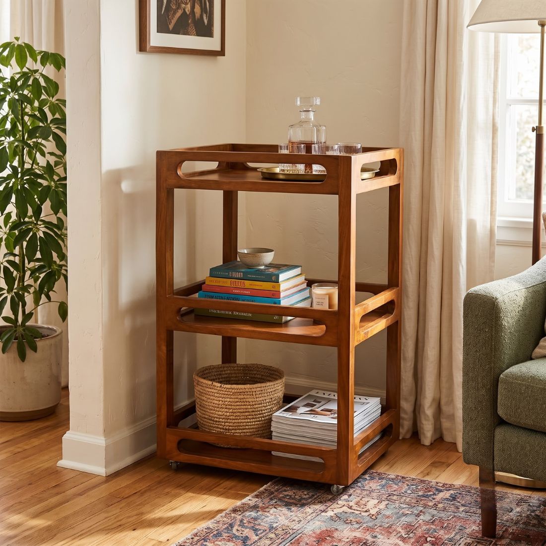 Walnut Luxe Solid Wood 3-Tier Storage & Serving Trolley