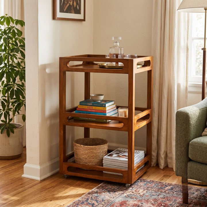 Walnut Luxe Solid Wood 3-Tier Storage & Serving Trolley