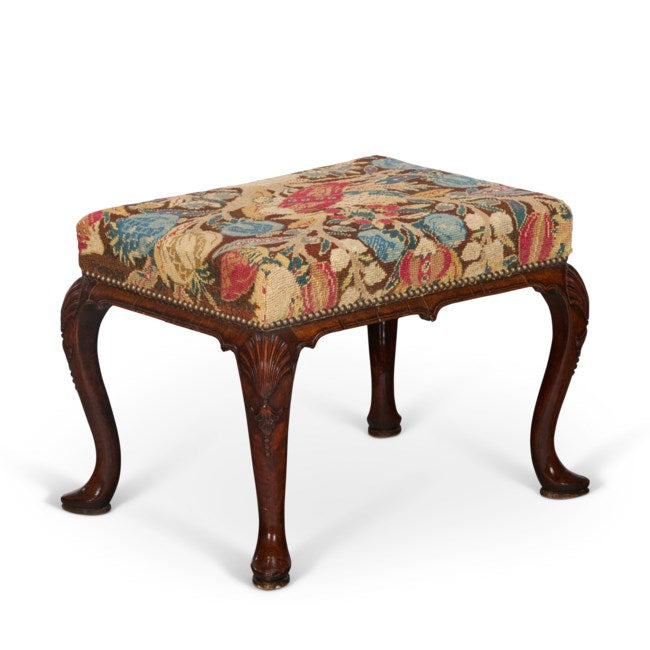 A GEORGE I WALNUT AND NEEDLEWORK STOOL