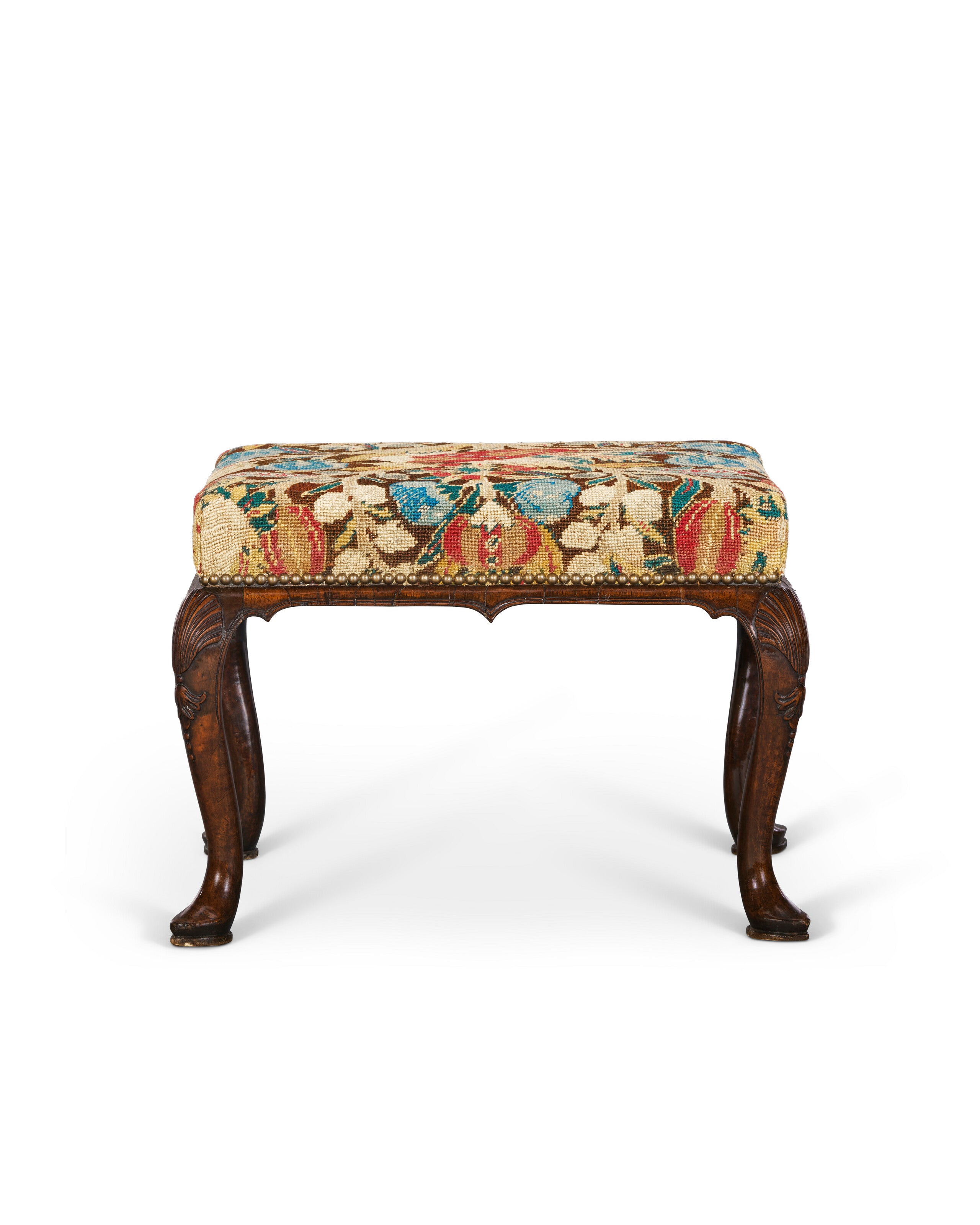A GEORGE I WALNUT AND NEEDLEWORK STOOL