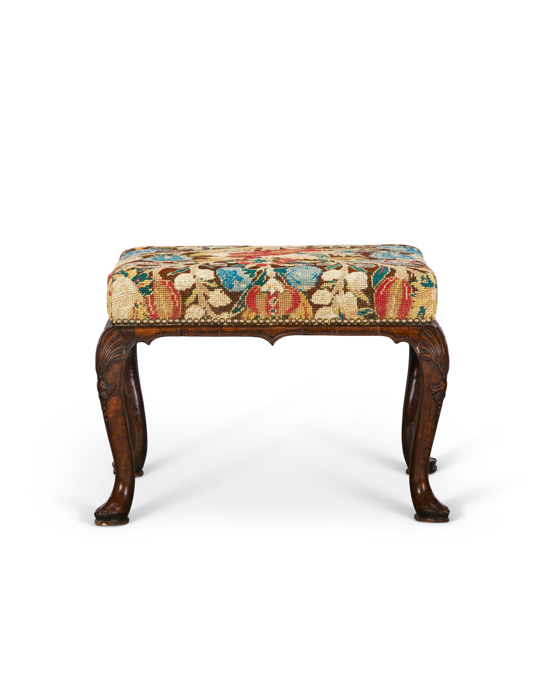 A GEORGE I WALNUT AND NEEDLEWORK STOOL