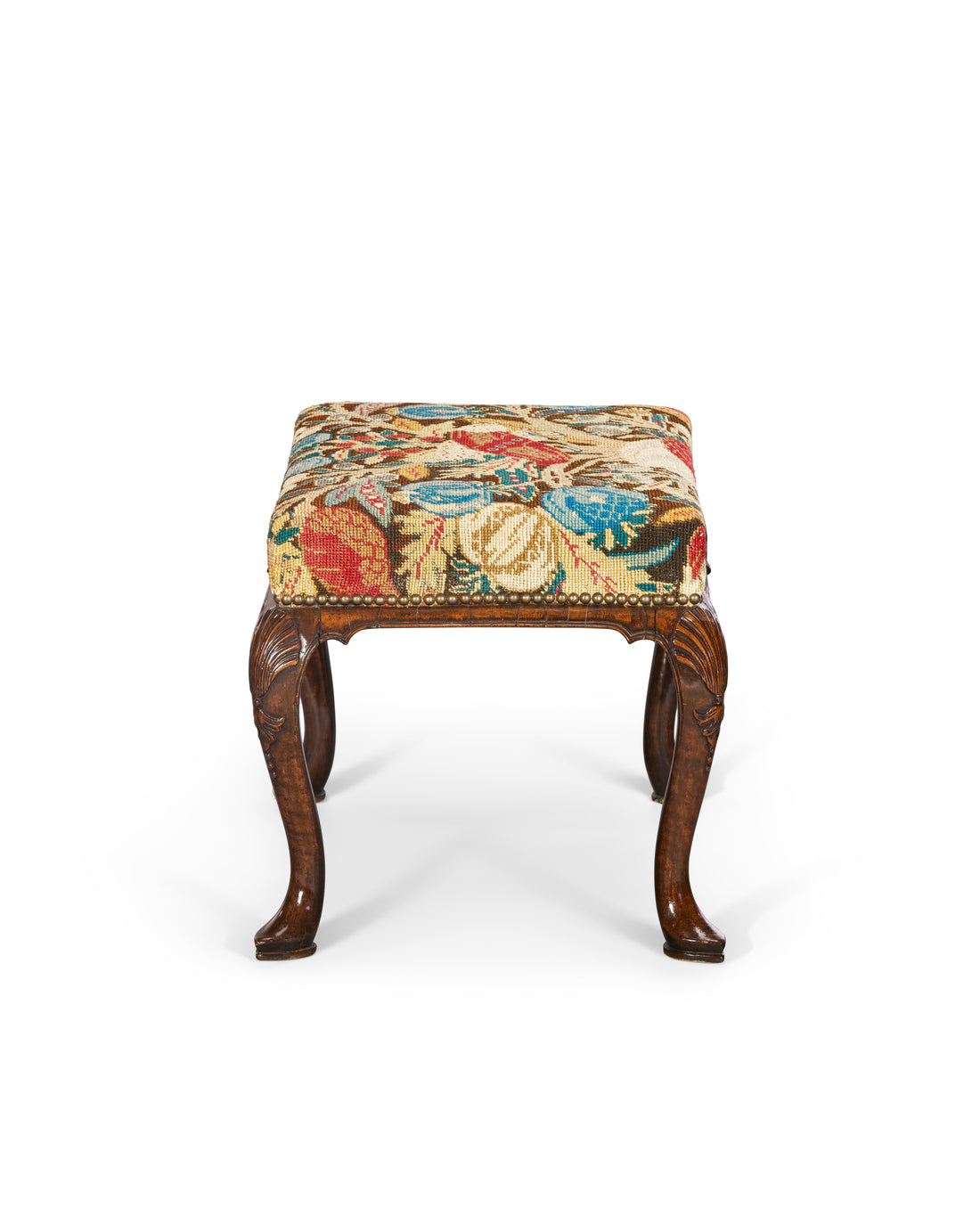 A GEORGE I WALNUT AND NEEDLEWORK STOOL