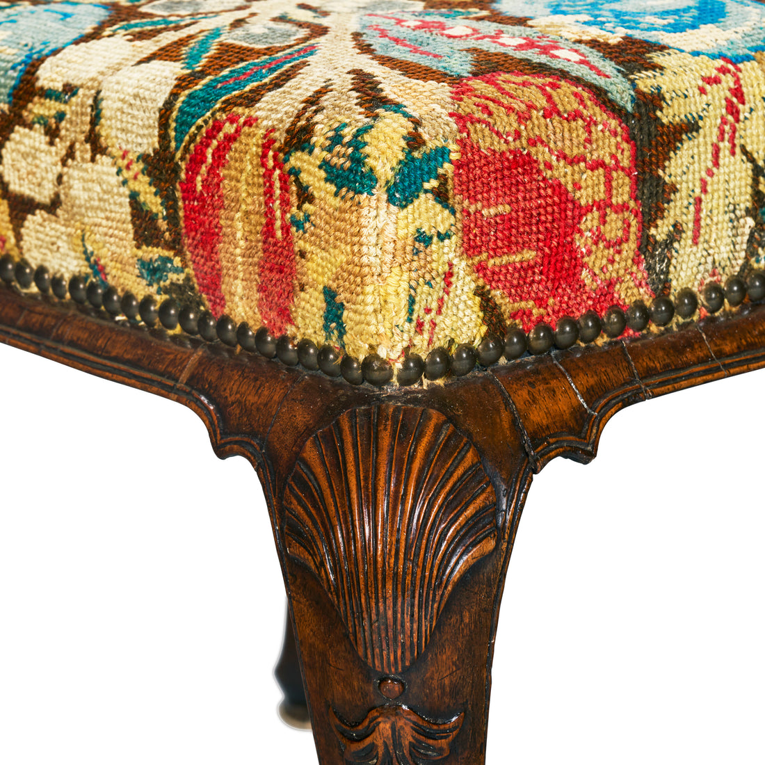 A GEORGE I WALNUT AND NEEDLEWORK STOOL