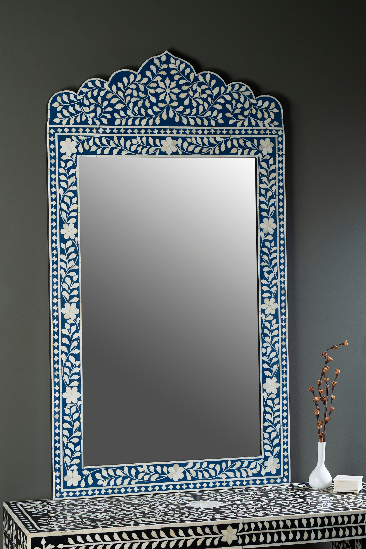Indigo Vine Crest Inlay Wall Mirror