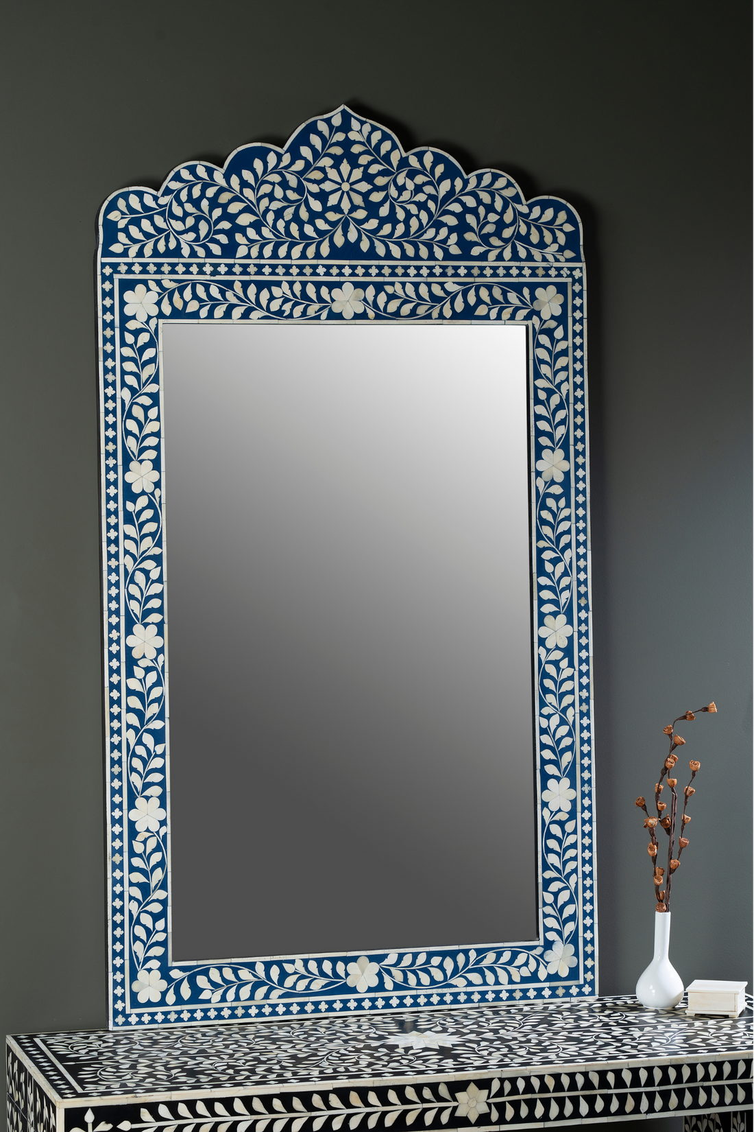 Indigo Vine Crest Inlay Wall Mirror