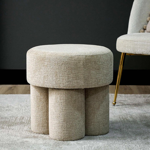 Beige Round Upholstered Accent Stool