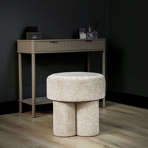 Beige Round Upholstered Accent Stool