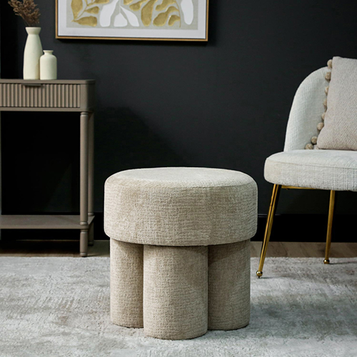Beige Round Upholstered Accent Stool