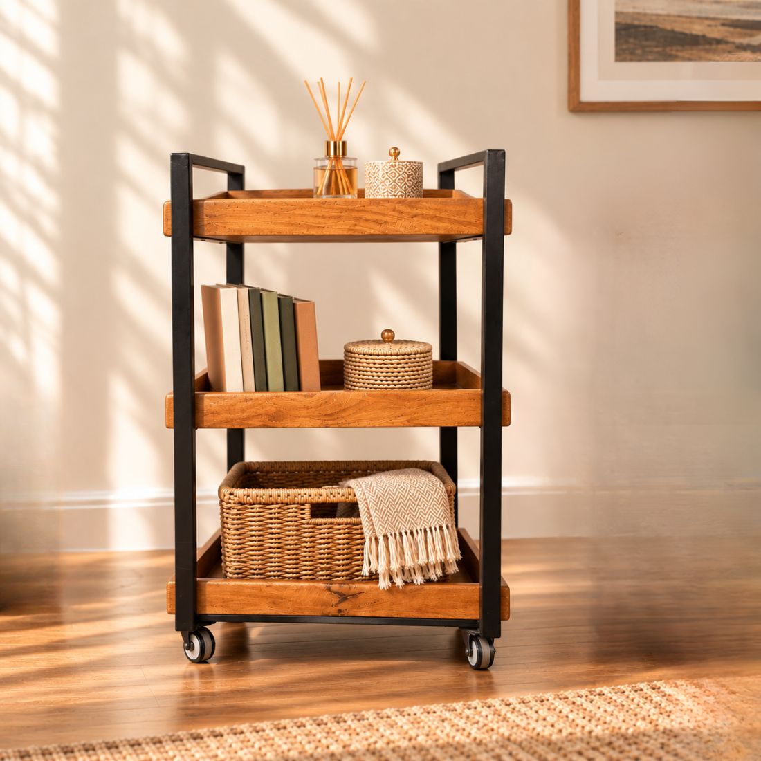 Urban Rustic 3-Tier Wooden Serving Trolley with Black Metal Frame