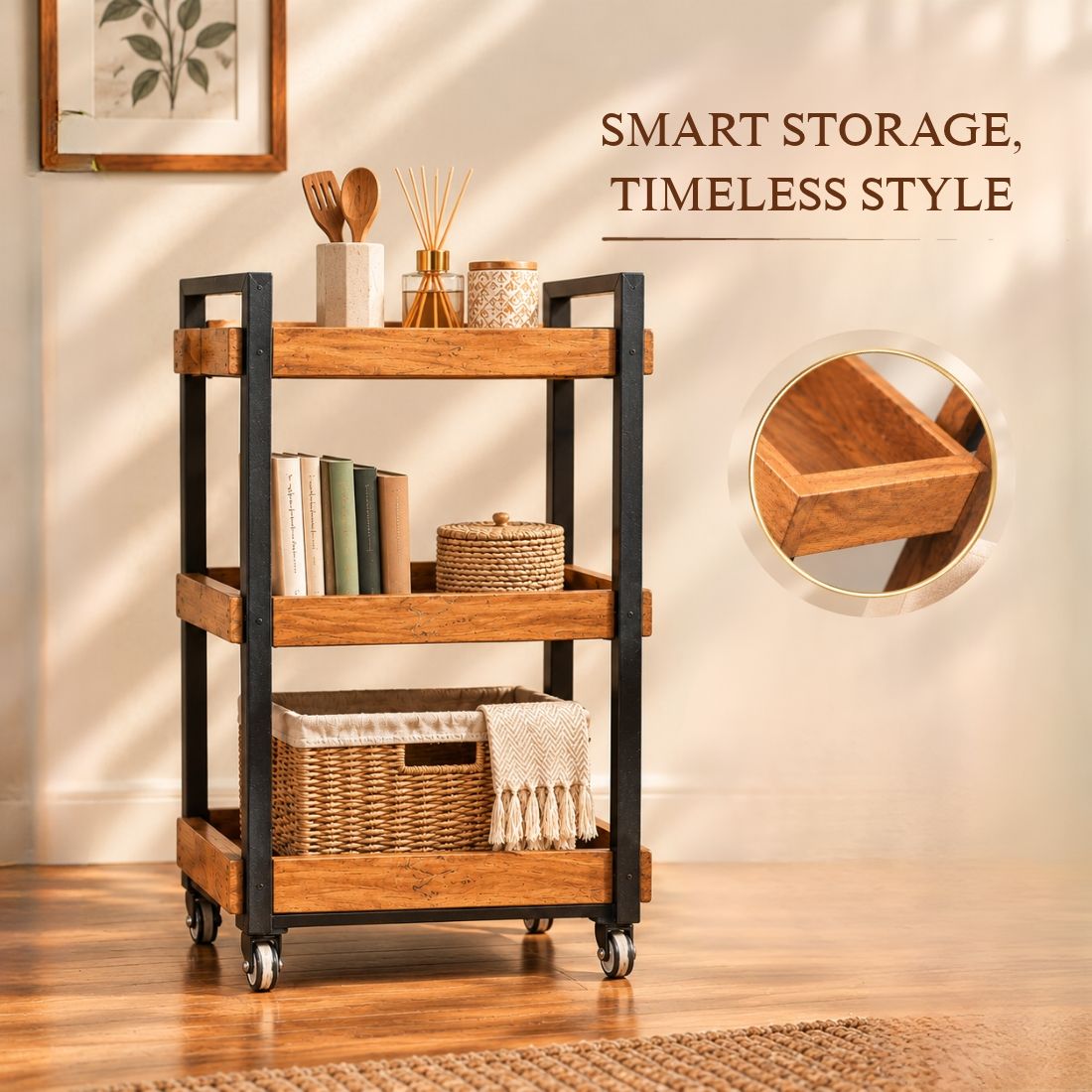 Urban Rustic 3-Tier Wooden Serving Trolley with Black Metal Frame