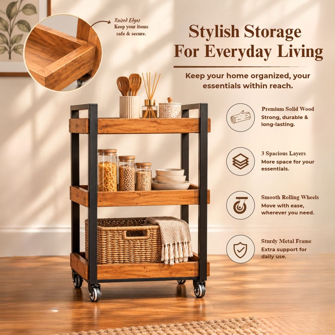 Urban Rustic 3-Tier Wooden Serving Trolley with Black Metal Frame