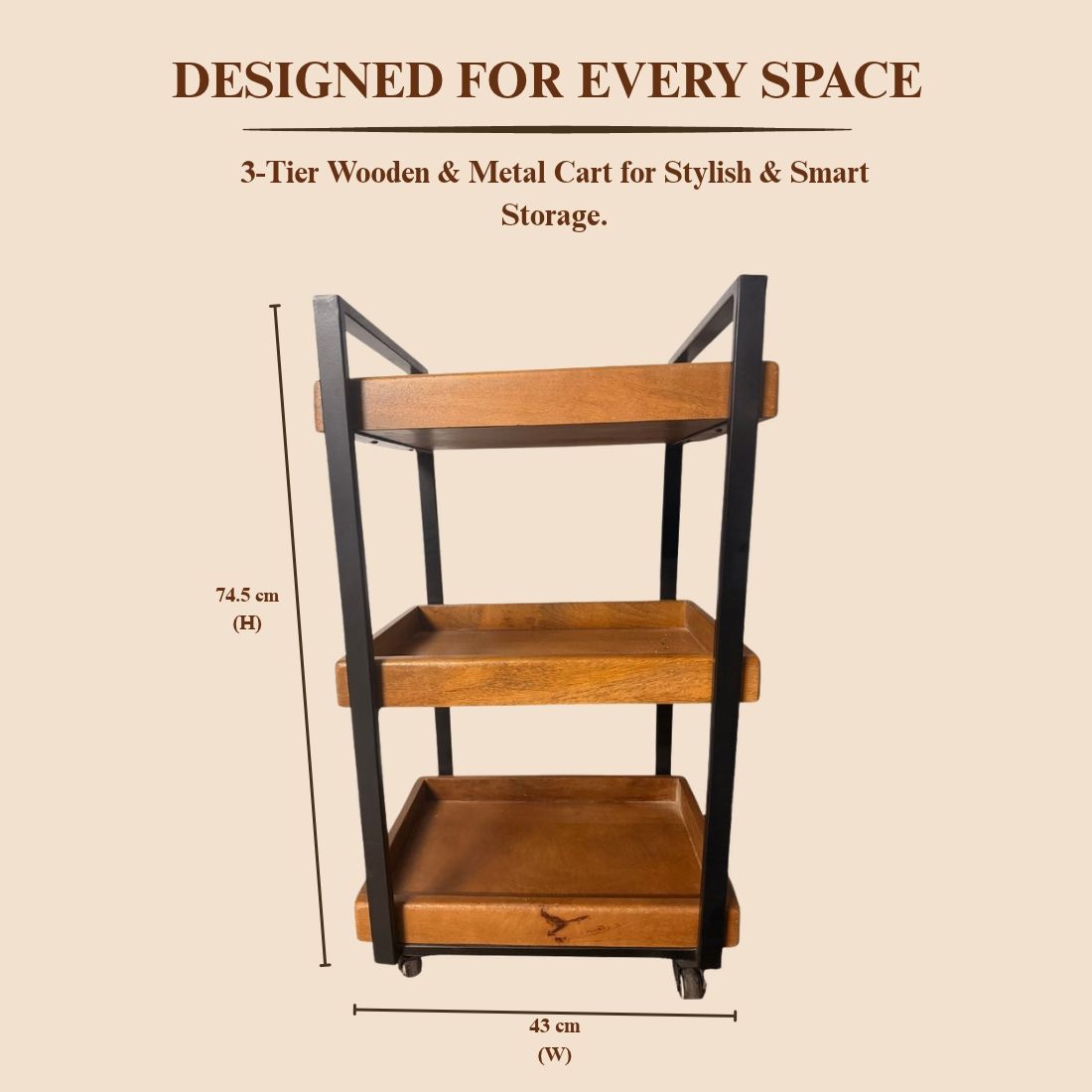 Urban Rustic 3-Tier Wooden Serving Trolley with Black Metal Frame