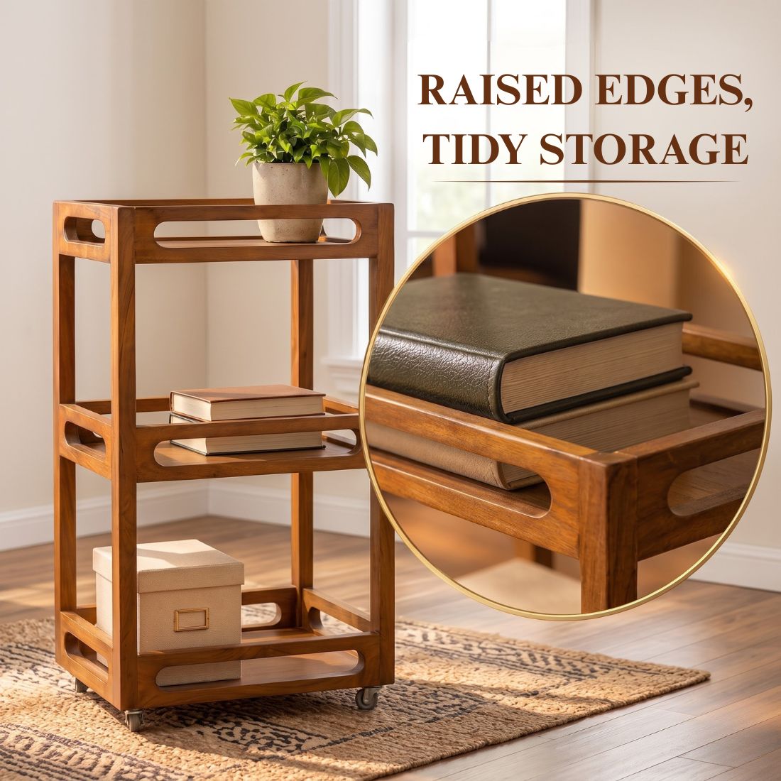 Walnut Luxe Solid Wood 3-Tier Storage & Serving Trolley