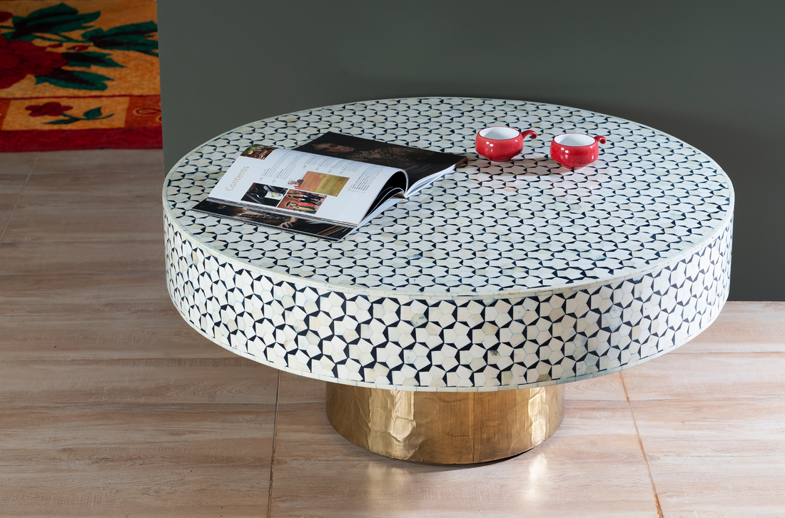 Monochrome Mosaic Inlay Round Coffee Table