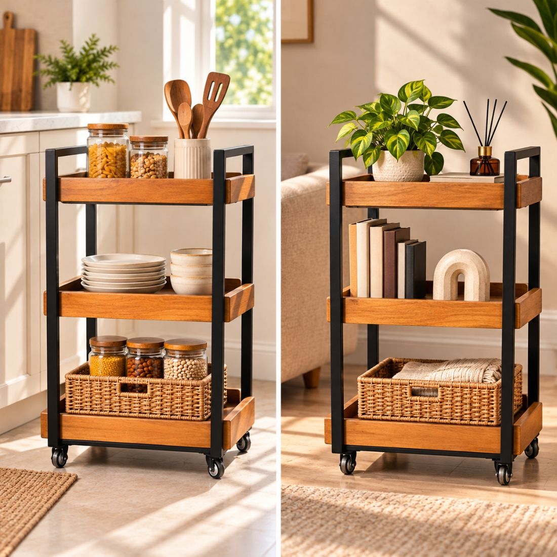 Urban Rustic 3-Tier Wooden Serving Trolley with Black Metal Frame