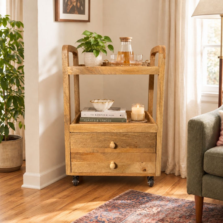 Honey Oak Rustic Solid Wood Storage & Serving Trolley
