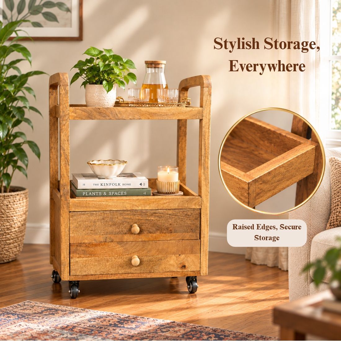 Honey Oak Rustic Solid Wood Storage & Serving Trolley
