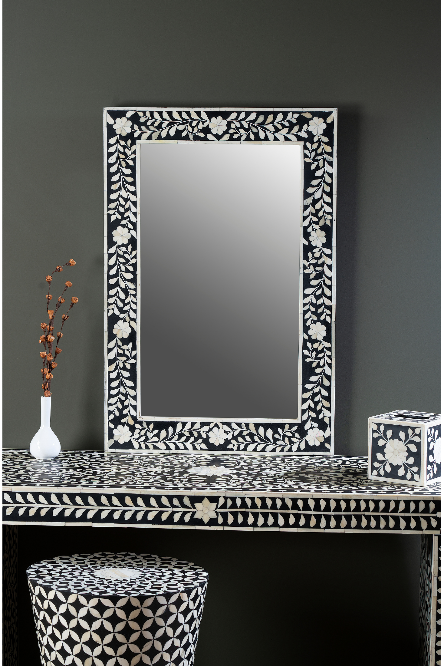 Ivory Vine Noir Inlay Wall Mirror