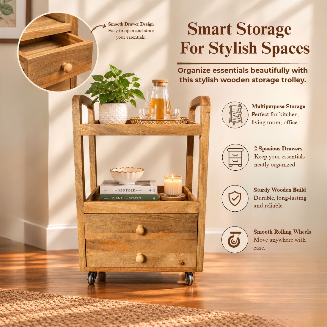 Honey Oak Rustic Solid Wood Storage & Serving Trolley