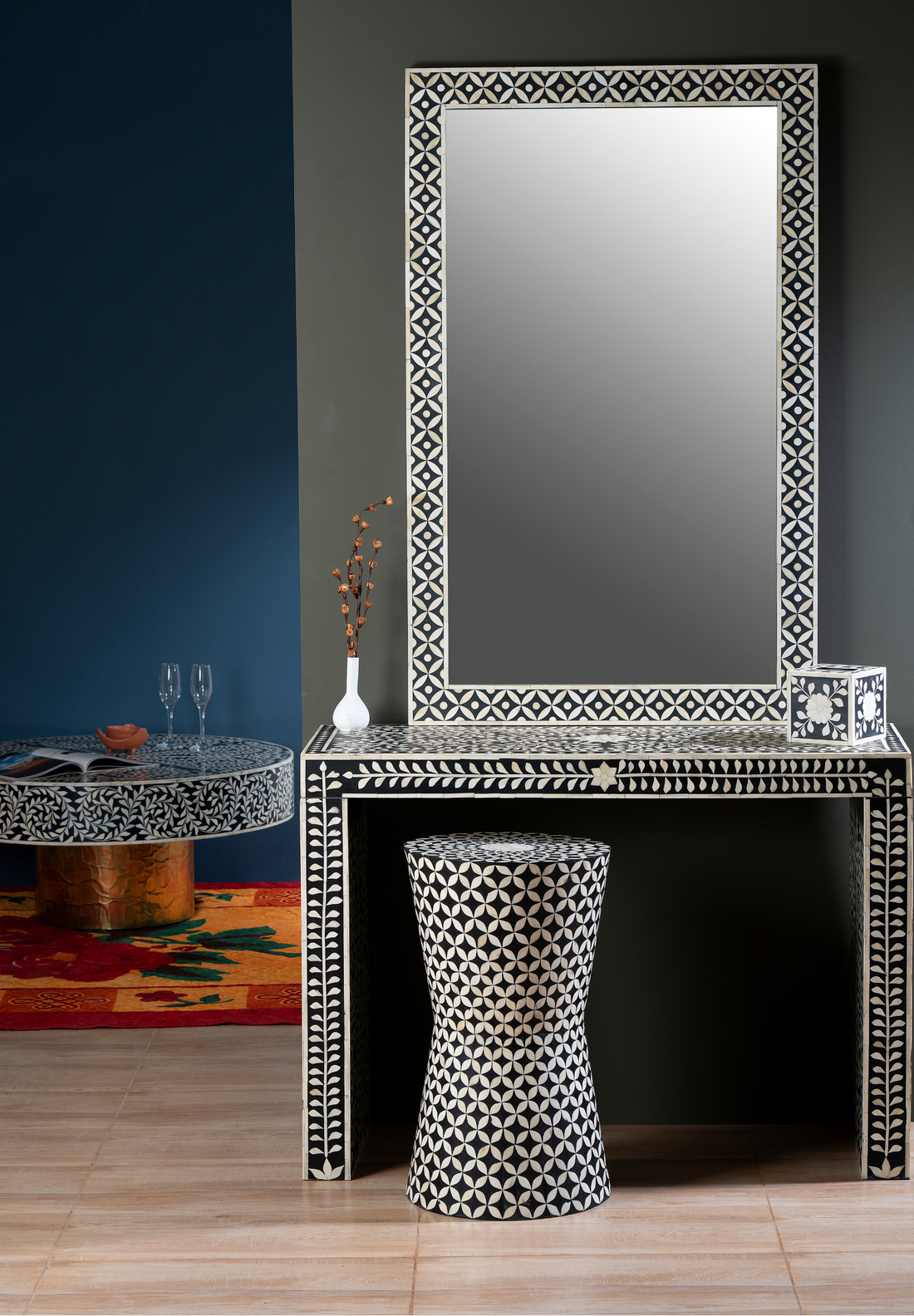 Ivory Petal Noir Inlay Wall Mirror