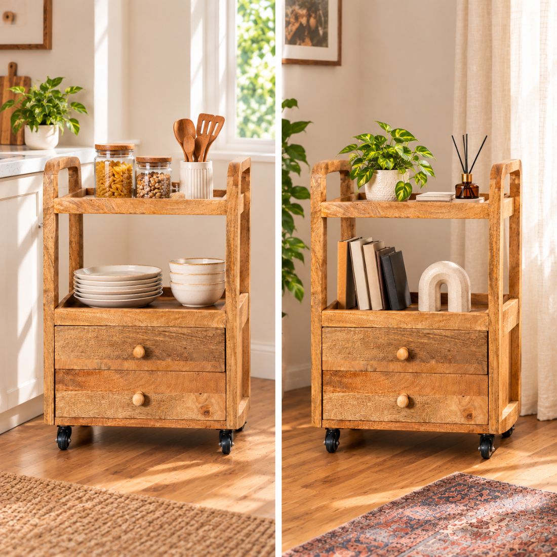 Honey Oak Rustic Solid Wood Storage & Serving Trolley
