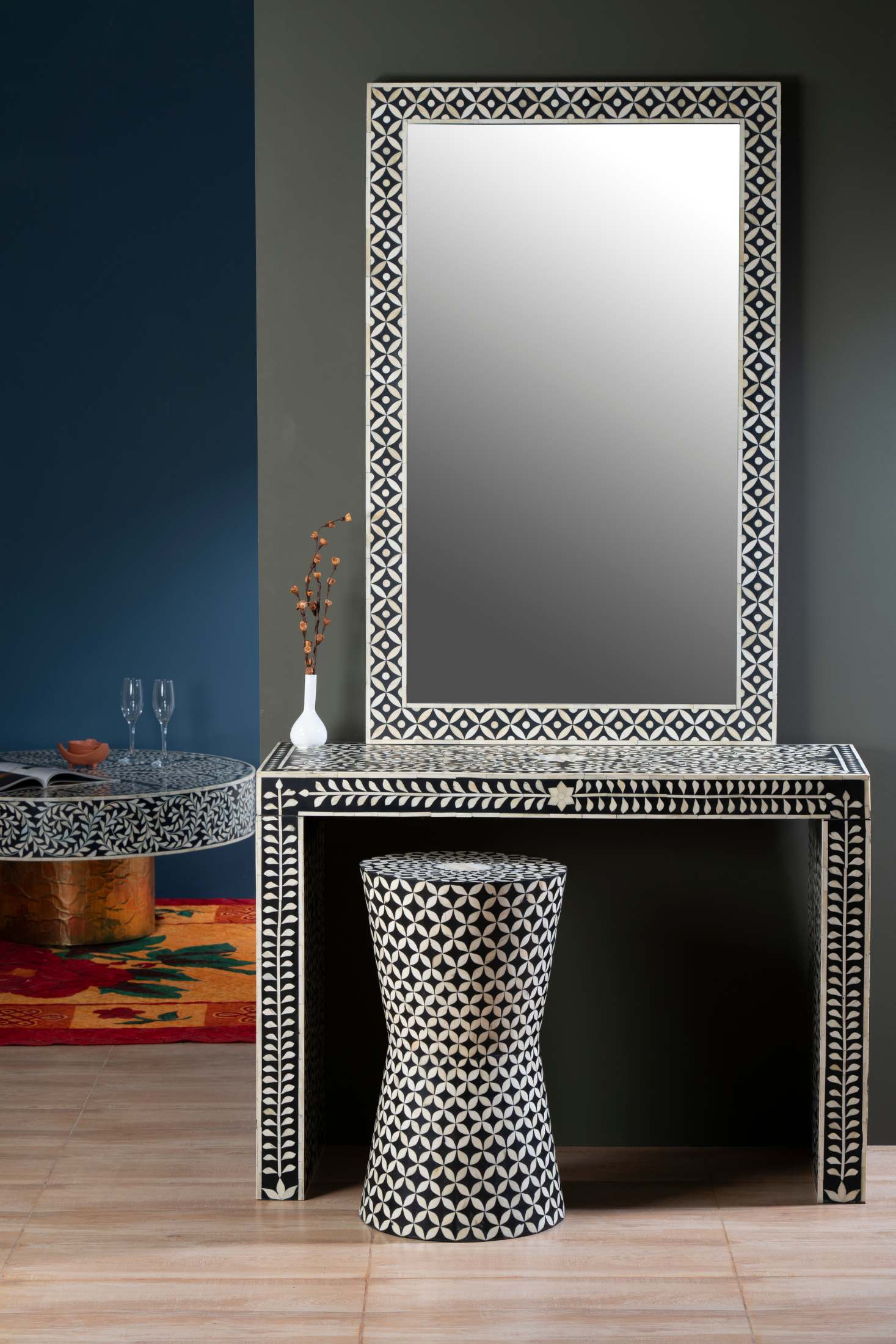 Ivory Petal Noir Inlay Wall Mirror