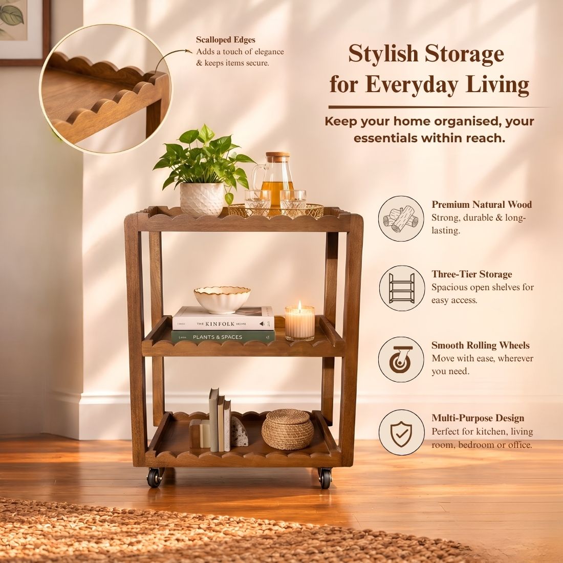 Rustic Aura Handcrafted Solid Wood Decorative Trolley