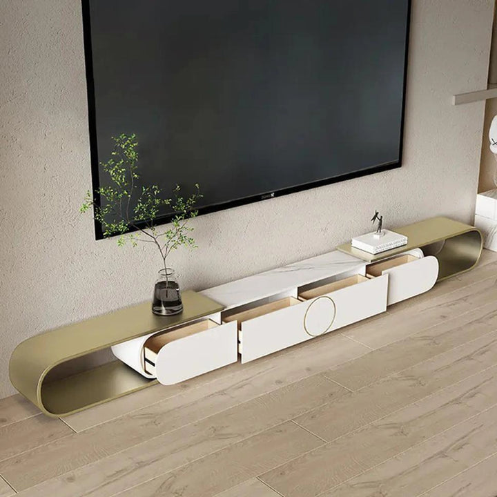 Extendable Oval Metal TV Stand with 4 Drawers in Gold & White