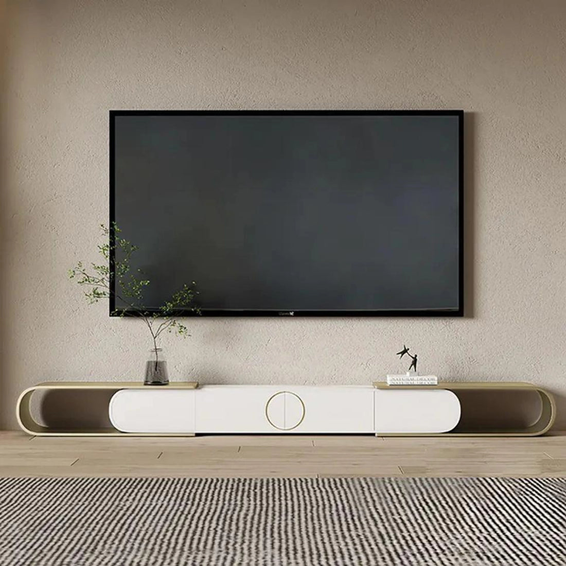Extendable Oval Metal TV Stand with 4 Drawers in Gold & White