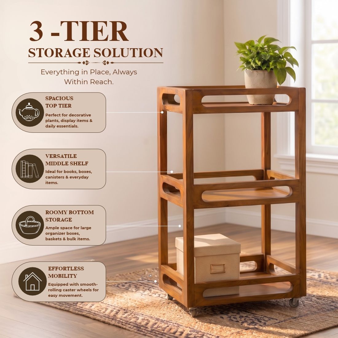 Walnut Luxe Solid Wood 3-Tier Storage & Serving Trolley
